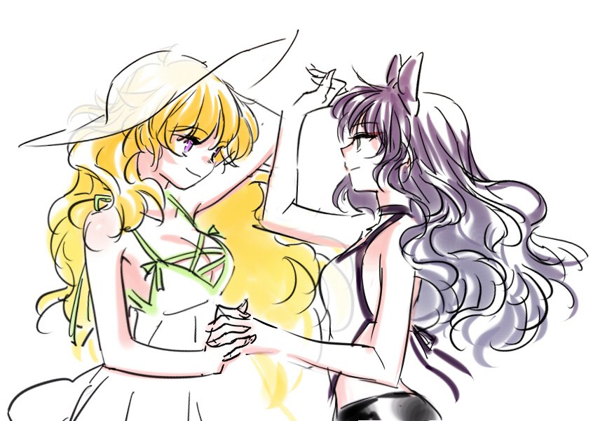 2girls, black_hair, blake_belladonna, blonde_hair, bow, breasts, cleavage, commentary_request