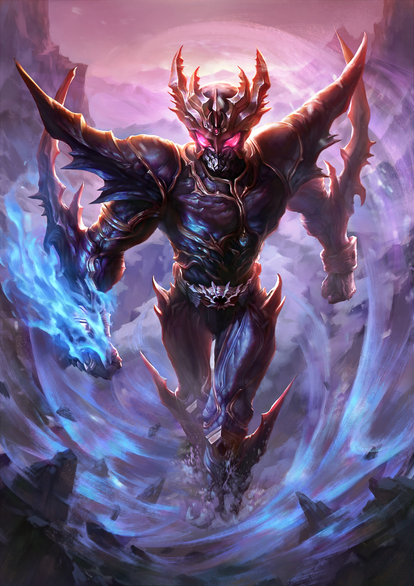 1boy, absurdres, blue_fire, clenched_hands, fire, glowing, glowing_eyes, godai_yuusuke