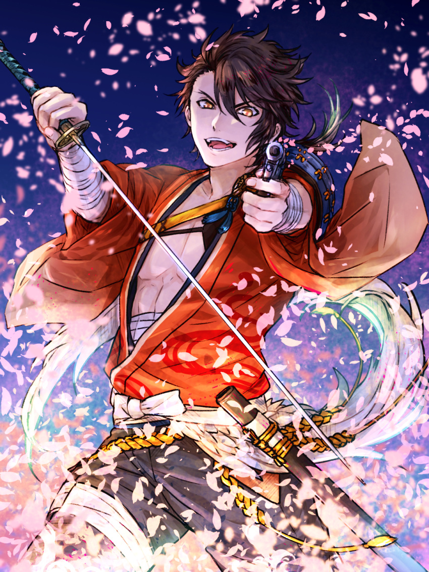 1boy, gun, highres, holding, holding_gun, holding_sword, holding_weapon, japanese_clothes
