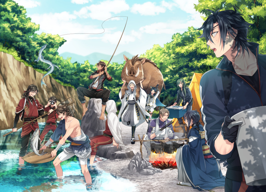 6+boys, ^_^, basket, black_gloves, black_hair, blue_eyes, blue_hair, boar