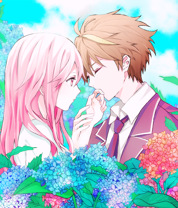 1boy, 1girl, black_jacket, black_necktie, blue_flower, brown_hair, closed_eyes, couple