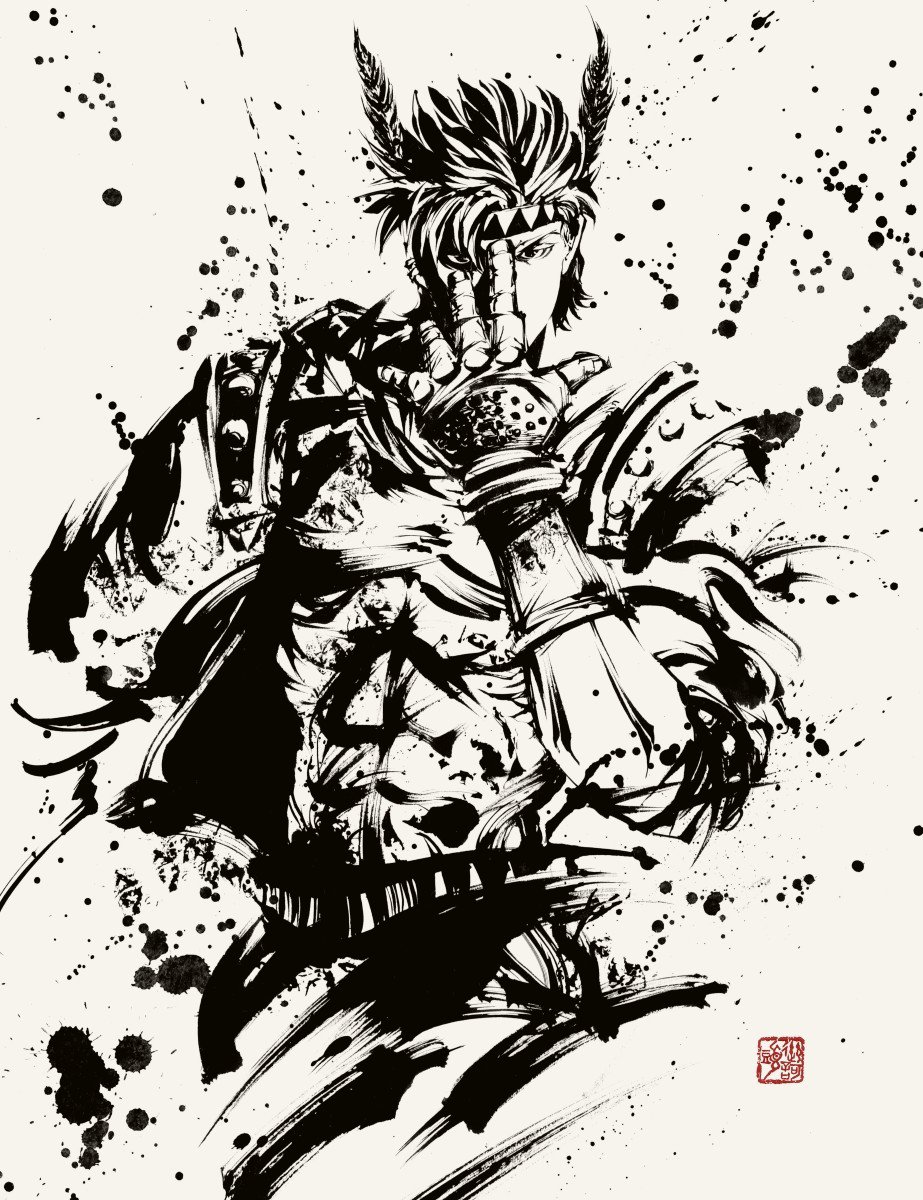 1boy, battle_tendency, caesar_anthonio_zeppeli, facial_mark, faux_traditional_media, feathers, fingerless_gloves, gloves