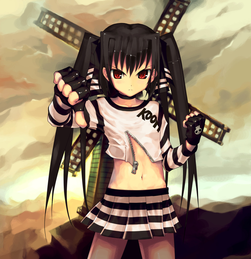 angry, black_hair, choker, cloud, clouds, fingerless_gloves, flat_chest, gloves