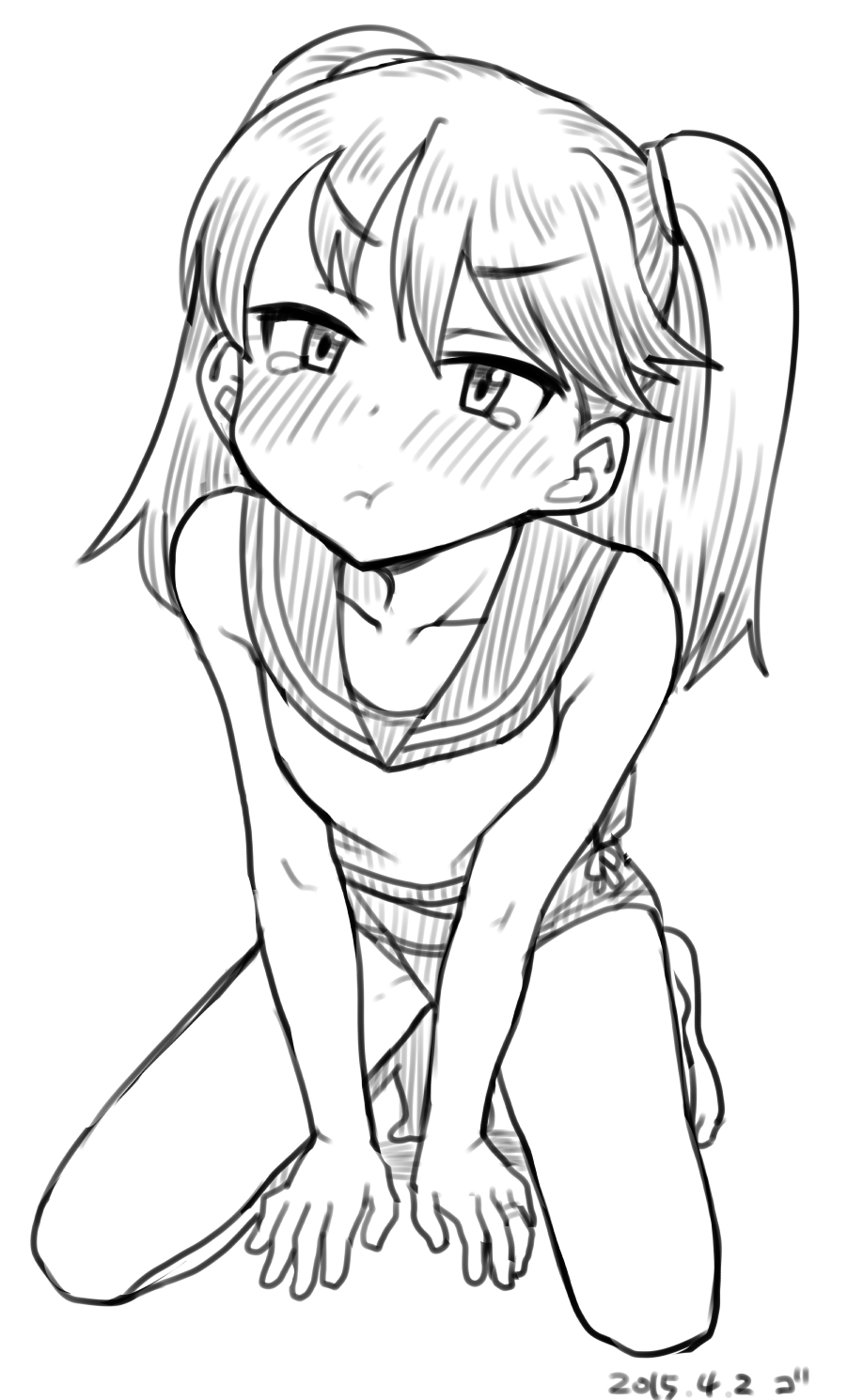 1girl, artist_name, blush, breasts, collarbone, full_body, go_yasukuni, hair_tie