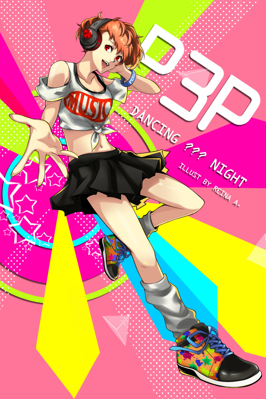 1girl, ayatsuji_reina_(chiao), copyright_name, female_protagonist_(persona_3), full_body, headphones, highres, looking_at_viewer, open_mouth, persona, persona_3, persona_3:_dancing_moon_night, persona_3_portable, persona_dancing_night, red_eyes, redhead, shirt, shoes, skirt, sleeveless, sleeveless_shirt, smile, wristband