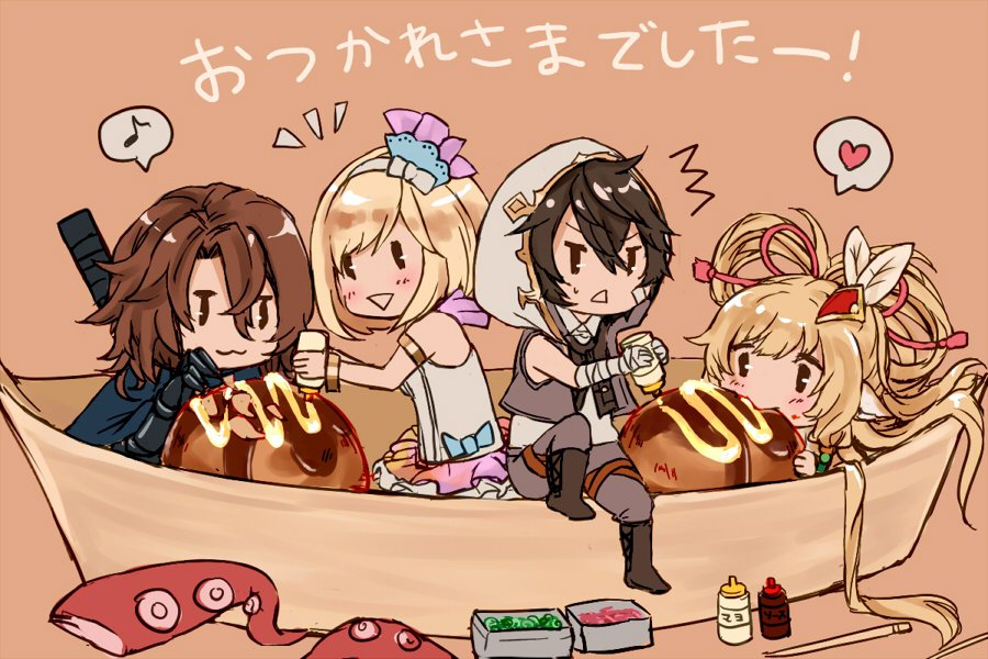 ayer, chabo213, chibi, djeeta_(granblue_fantasy), food, granblue_fantasy, makira_(granblue_fantasy), mayonaise