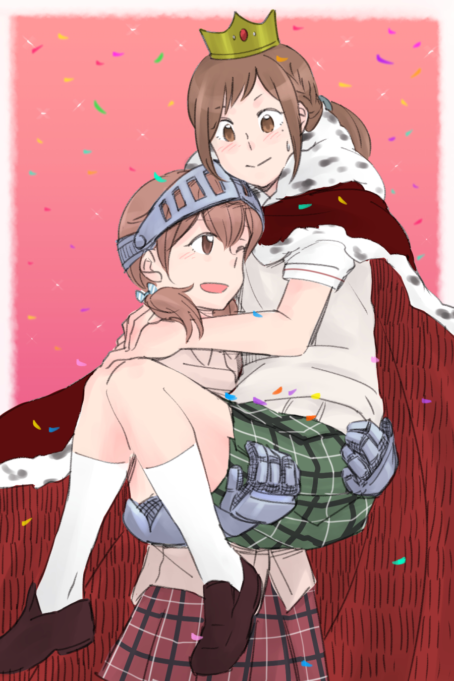 2girls, :>, aihara_miki, blue_bow, blush, bow, brown_eyes, brown_hair, brown_shoes, cape, carrying, confetti, crown, gauntlets, hair_bow, hair_tie, highres, maki_seina, mukiki, multiple_girls, okujou_no_yurirei-san, one_eye_closed, open_mouth, ponytail, princess_carry, red_background, school_uniform, shoes, short_sleeves, skirt, striped, striped_bow, sweat, visor_(armor), white_bow, white_legwear, yuri