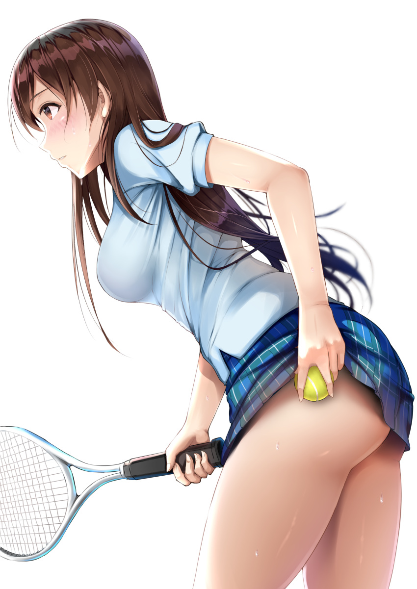 1girl, absurdres, ass, ball, blurry, blush, breasts, brown_eyes