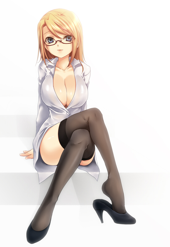 arms_behind, arms_behind_back, black_legwear, black_thighhighs, blonde_hair, blue_eyes, breasts, cecilia