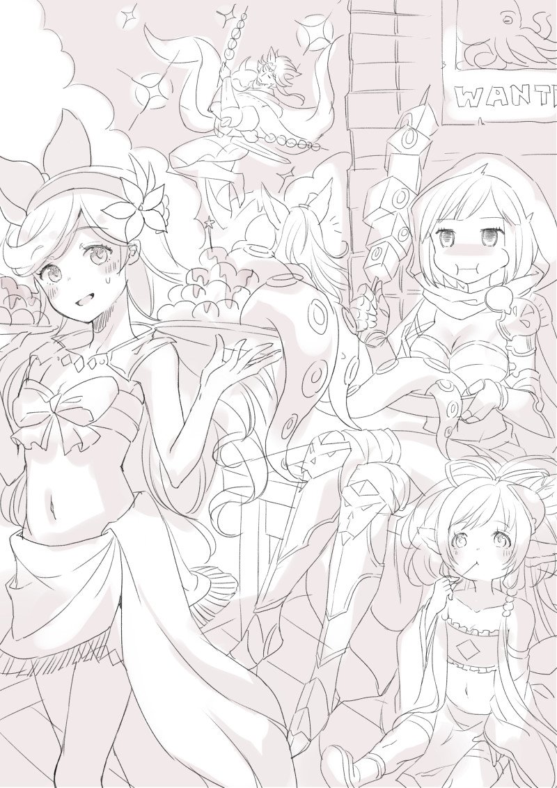 3girls, boots, chaos_ruler_(granblue_fantasy), cloak, djeeta_(granblue_fantasy), eating, erun_(granblue_fantasy), flower