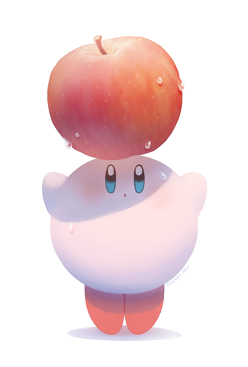 1boy, :o, apple, artist_name, ayu_(mog), balancing_on_head, blue_eyes, food