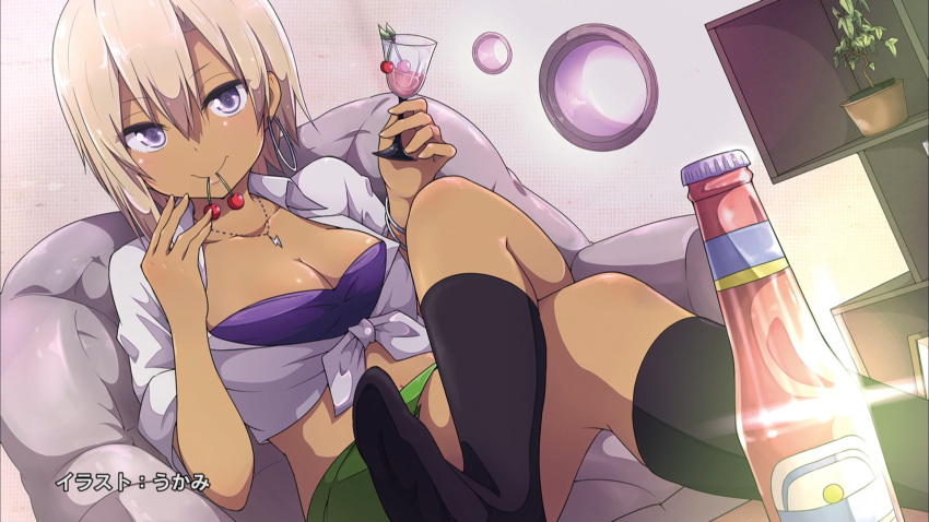 1girl, armchair, artist_name, black_legwear, bottle, breasts, chair, cherry, cleavage, cocktail_glass, collarbone, cup, dark_skin, drinking_glass, earrings, end_card, feet, food, fruit, gyaru, hajimete_no_gal, highres, honjou_ranko, hoop_earrings, jewelry, kneehighs, kogal, legs_crossed, lightning_bolt_necklace, mouth_hold, no_shoes, official_art, plant, potted_plant, shirt, short_hair, sitting, socks, solo, strapless, tied_shirt, tubetop, ukami, white_shirt