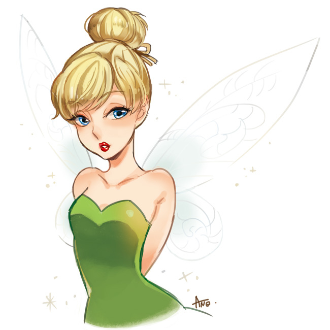 1girl, ano_(sbee), arms_behind_back, artist_name, bare_shoulders, blonde_hair, blue_eyes, disney, dress, eyebrows_visible_through_hair, fairy, fairy_wings, green_dress, hair_bun, looking_away, peter_pan_(disney), simple_background, solo_focus, sparkle, tied_hair, tinker_bell_(disney), white_background, wings