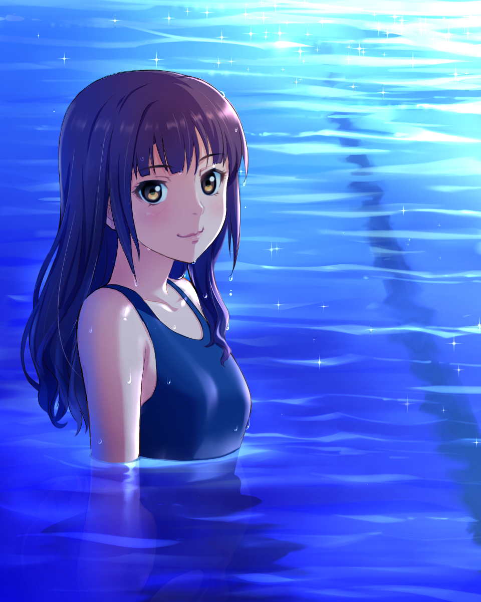 1girl, :3, arms_at_sides, bangs, black_hair, blush, breasts, brown_eyes