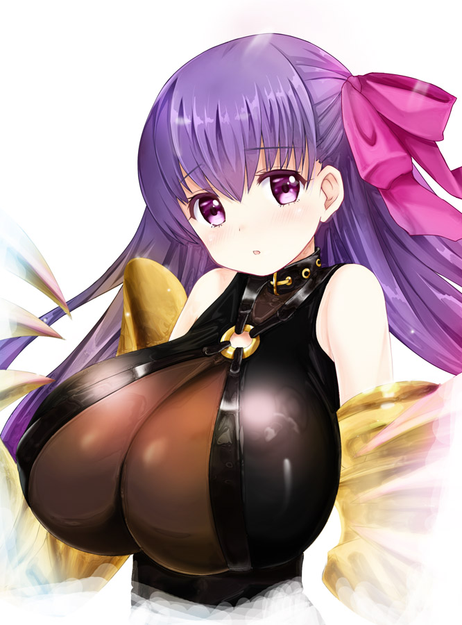 1girl, aoi_kanan, bangs, blush, breasts, claws, cleavage, cropped_torso, eyebrows_visible_through_hair, fate/extra, fate/extra_ccc, fate/grand_order, fate_(series), hair_between_eyes, hair_ribbon, huge_breasts, impossible_clothes, long_hair, looking_at_viewer, o-ring_top, parted_lips, passion_lip, purple_hair, purple_ribbon, ribbon, simple_background, solo, tareme, upper_body, very_long_hair, white_background