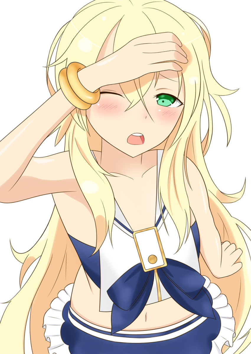 1girl, ;o, blonde_hair, blue_skirt, blush, bracelet, dungeon_travelers_2, erthuricia_vitor_de_ritzhevin