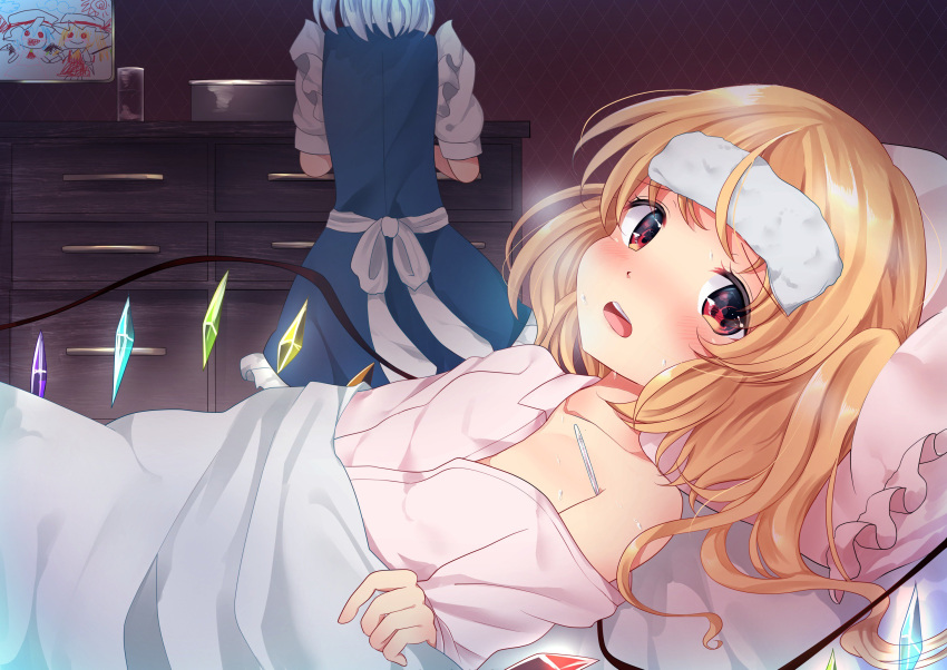 2girls, apron, blonde_hair, commentary_request, flandre_scarlet, highres, indoors, izayoi_sakuya