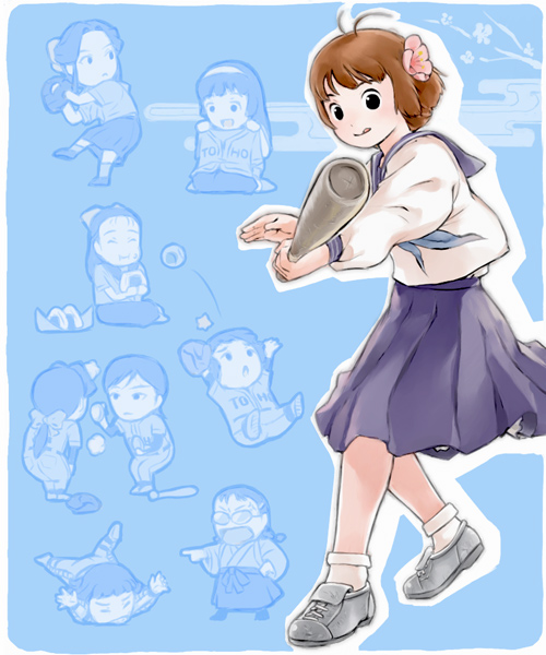 ahoge, baseball, baseball_bat, baseball_mitt, baseball_uniform, black_eyes, brown_hair, character_request