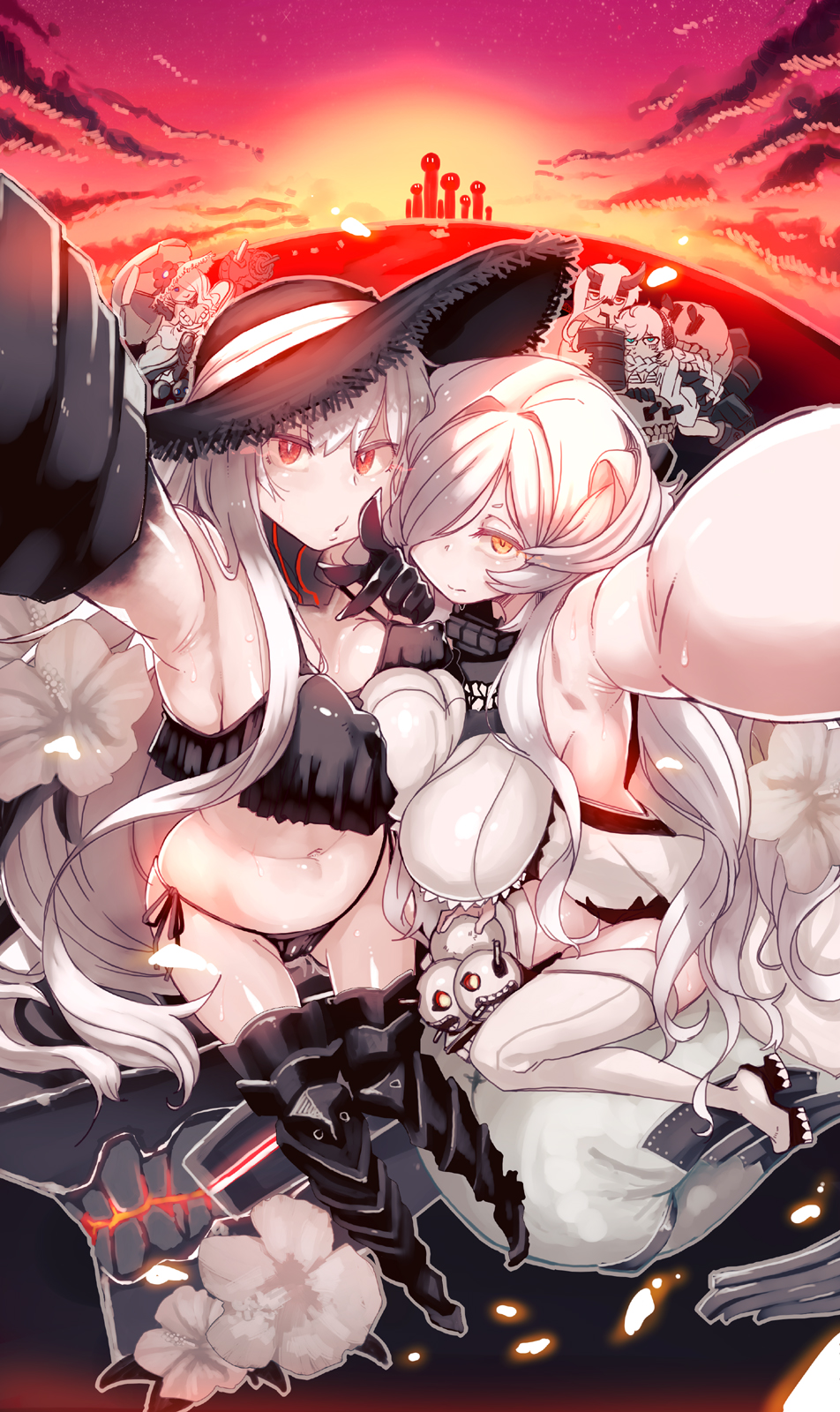 5girls, aircraft_carrier_summer_oni, black_hat, black_nails, blue_eyes, breasts, french_battleship_hime, gauntlets