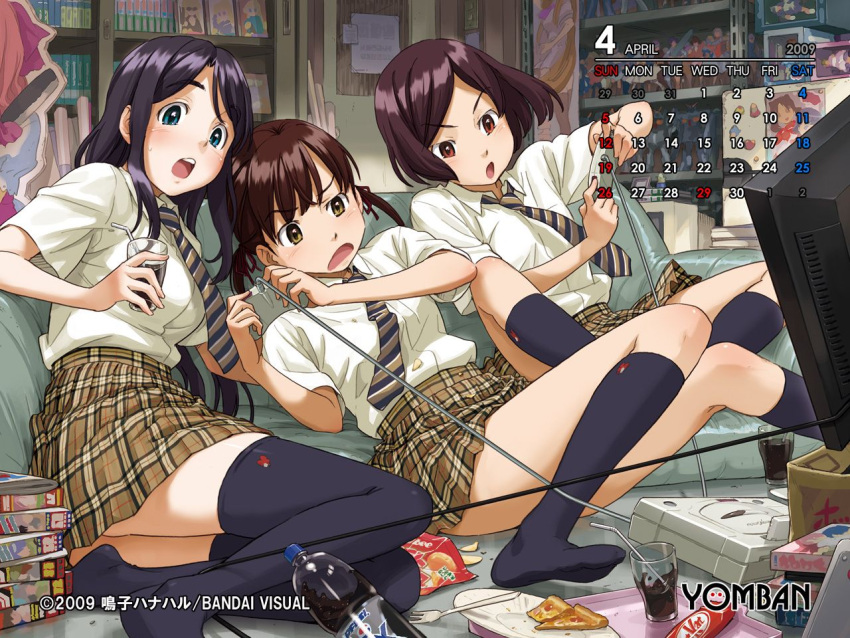 black_hair, black_kneehighs, black_legwear, black_thighhighs, brown_eyes, brown_hair, calendar, drink