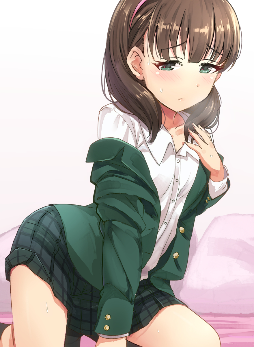 1girl, blazer, blue_eyes, blush, brown_hair, hairband, highres, idolmaster