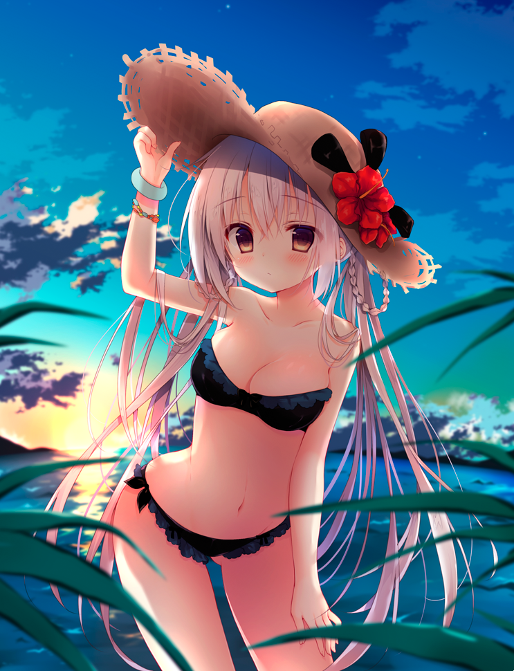 1girl, arm_up, bangs, bikini, black_bikini, blonde_hair, blush, bracelet