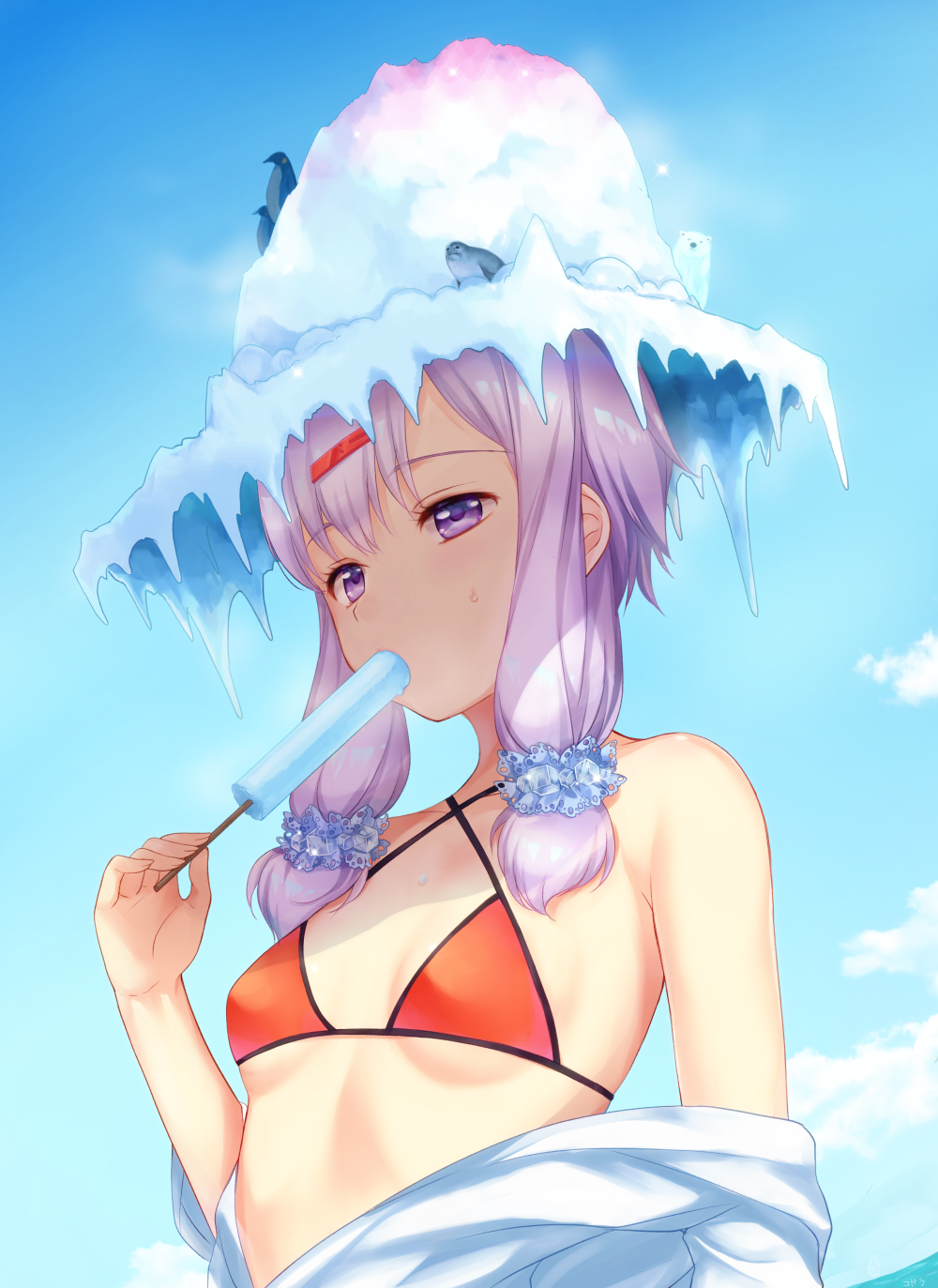 1girl, bare_shoulders, bikini, bird, blue_sky, breasts, clouds, commentary_request