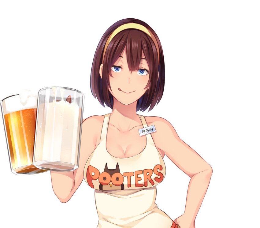1girl, ;q, bare_arms, bare_shoulders, beer_mug, blue_eyes, breasts, brown_hair