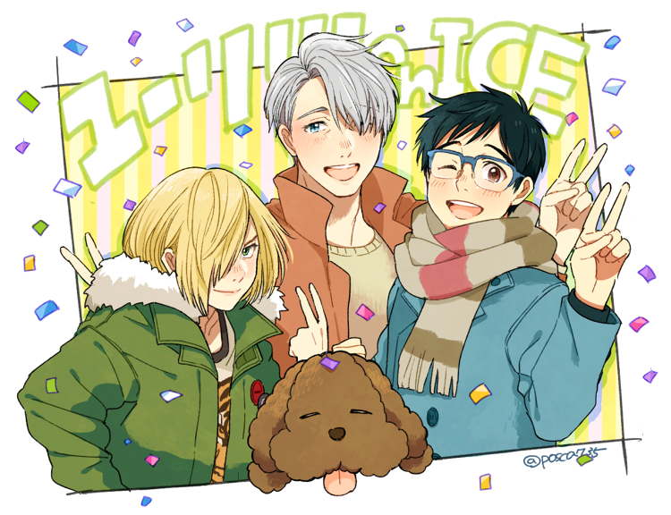 3boys, ;d, black_hair, blonde_hair, blue-framed_eyewear, blue_eyes, brown_eyes, coat