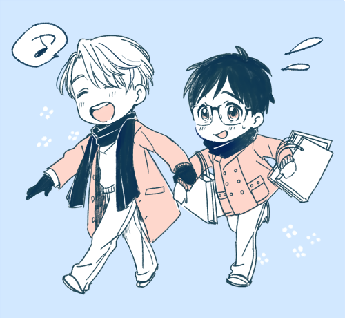 2boys, ^_^, bag, closed_eyes, coat, flying_sweatdrops, glasses, katsuki_yuuri