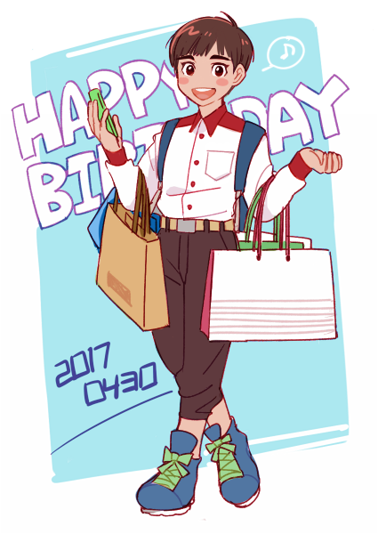 1boy, 2017, :d, bag, black_hair, blush_stickers, cellphone, collared_shirt