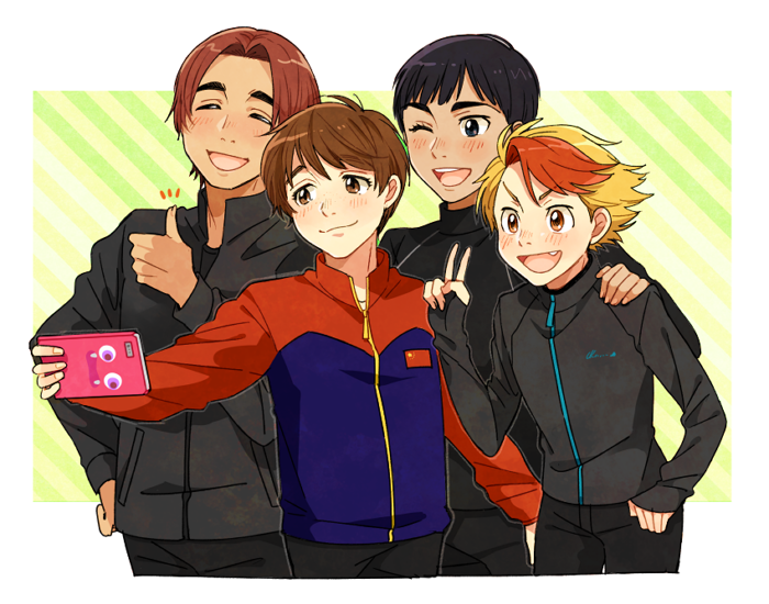 >:d, 4boys, :d, ;d, ^_^, black_hair, blonde_hair, brown_eyes, brown_hair, cellphone, closed_eyes, dark_skin, dark_skinned_male, fang, grey_eyes, jacket, ji_guang-hong, leo_de_la_iglesia, male_focus, minami_kenjirou, multicolored_hair, multiple_boys, one_eye_closed, open_mouth, phichit_chulanont, phone, posca, redhead, self_shot, smartphone, smile, thumbs_up, track_jacket, two-tone_hair, v, yuri!!!_on_ice