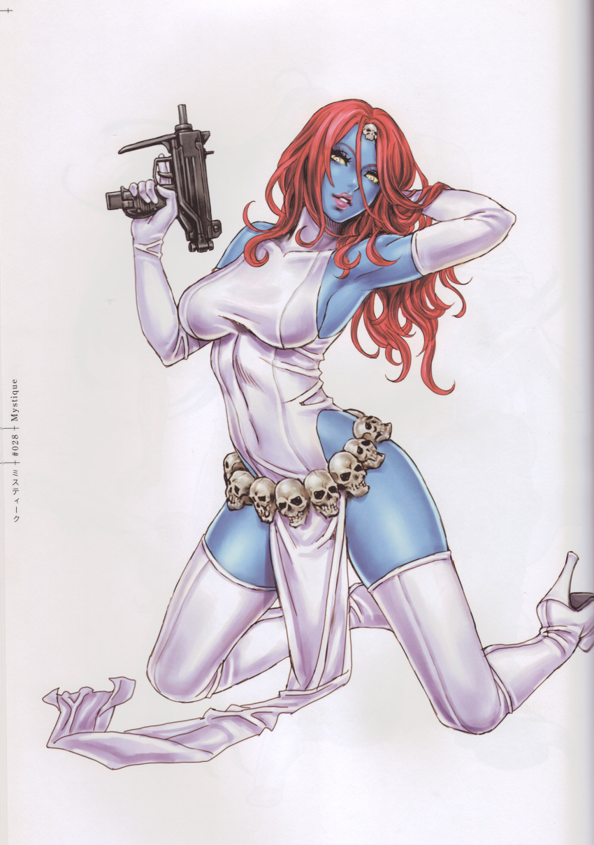 1girl, :d, absurdres, adjusting_hair, armpits, bare_shoulders, belt, blue_skin, boots, breasts, covered_navel, dress, elbow_gloves, full_body, gloves, gun, hair_ornament, hand_behind_head, head_tilt, high_heels, highleg, highres, holding, imi_uzi, kneeling, kotobukiya_bishoujo, large_breasts, lips, lipstick, long_hair, looking_at_viewer, makeup, marvel, mature, micro_uzi, mystique, naughty_face, no_bra, no_panties, open_mouth, parted_lips, pelvic_curtain, pose, raven_darkholme, redhead, shirt, shoes, side_slit, sideboob, simple_background, skin_tight, skull, smile, solo, spread_legs, submachine_gun, taut_clothes, taut_shirt, thigh-highs, thigh_boots, thighs, trigger_discipline, turtleneck, weapon, white_background, white_boots, white_eyes, white_gloves, white_legwear, x-men, yamashita_shun'ya, yellow_sclera