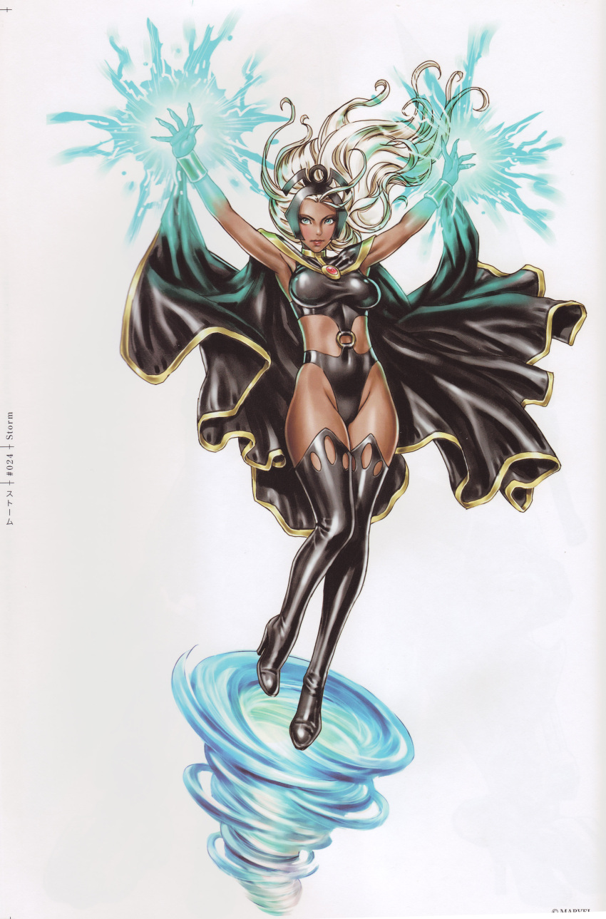 1girl, absurdres, armpits, arms_up, black_legwear, blush, boots, breasts, cape, dark_skin, electricity, fighting_stance, fingernails, floating_hair, flying, full_body, gem, glowing, groin, high_heels, highleg, highleg_leotard, highres, kotobukiya_bishoujo, leotard, lipstick, long_fingernails, long_hair, looking_at_viewer, makeup, mask, medium_breasts, midriff, o-ring, ororo_munroe, shiny, shiny_clothes, shirt, shoes, side_cutout, silver_hair, simple_background, solo, standing, storm_(x-men), taut_clothes, taut_shirt, thigh-highs, thigh_boots, tornado, turtleneck, vambraces, white_background, wind, x-men, yamashita_shun'ya
