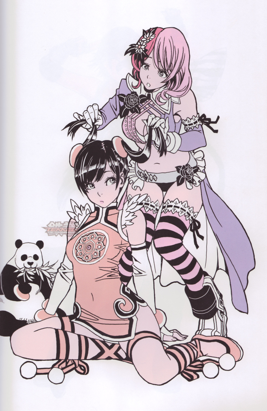 2girls, absurdres, alisa_boskonovich, asymmetrical_clothes, black_hair, breasts, china_dress, chinese_clothes