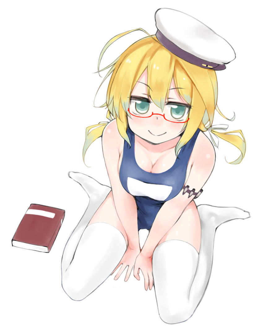 1girl, between_legs, blonde_hair, blue_eyes, book, breasts, cleavage, glasses