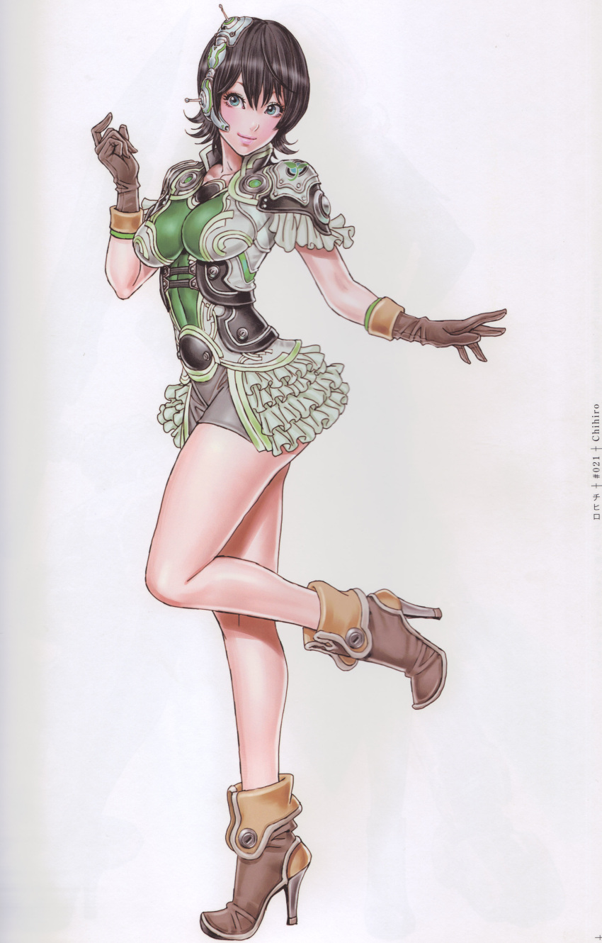 1girl, absurdres, black_hair, blue_eyes, boots, border_break, chihiro_(border_break), frilled_skirt