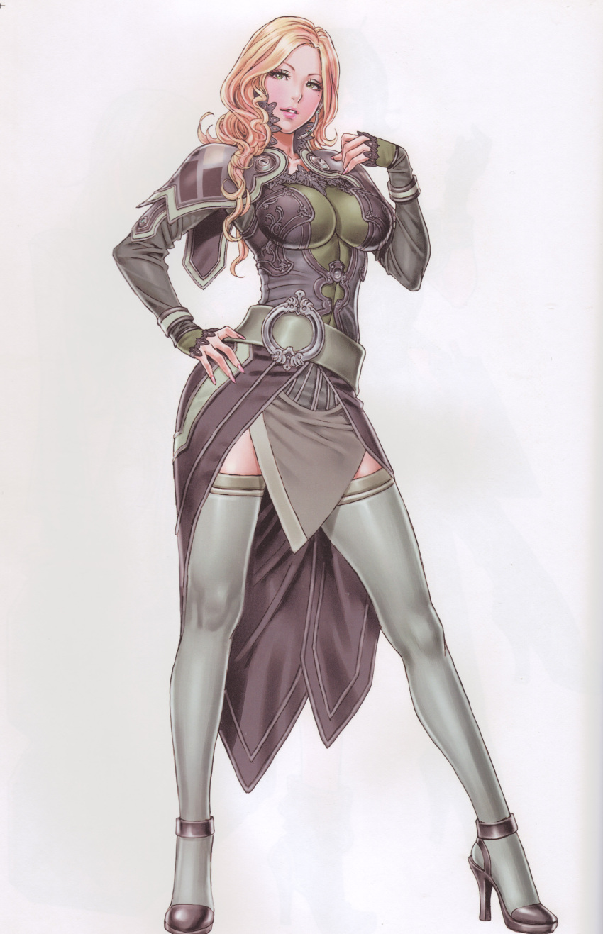 1girl, absurdres, bangs, belt, belt_buckle, beltskirt, blonde_hair, border_break, breasts, buckle, contrapposto, dress, fingernails, full_body, green_eyes, hand_on_hip, high_collar, highres, hilda_(border_break), large_breasts, lips, long_hair, long_sleeves, looking_at_viewer, mole, mole_under_eye, scan, shoulder_pads, side_slit, simple_background, smile, solo, standing, thigh-highs, white_background, yamashita_shun'ya