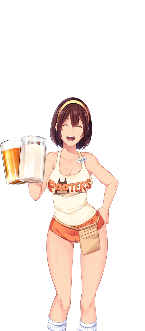 1girl, bare_arms, bare_shoulders, beer_mug, breasts, brown_hair, butcha-u, cleavage