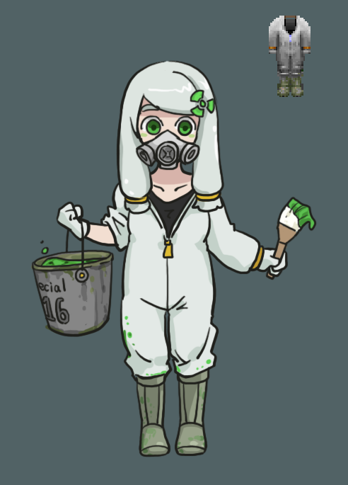 1girl, boots, bucket, doom_(game), gas_mask, gloves, green_eyes, kurashiki_nanka