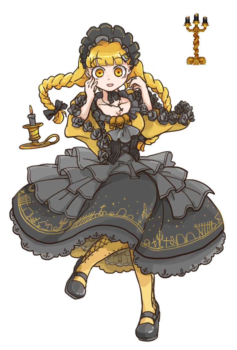 1girl, blonde_hair, bow, braid, candelabra, candle, cross, doom_(game)