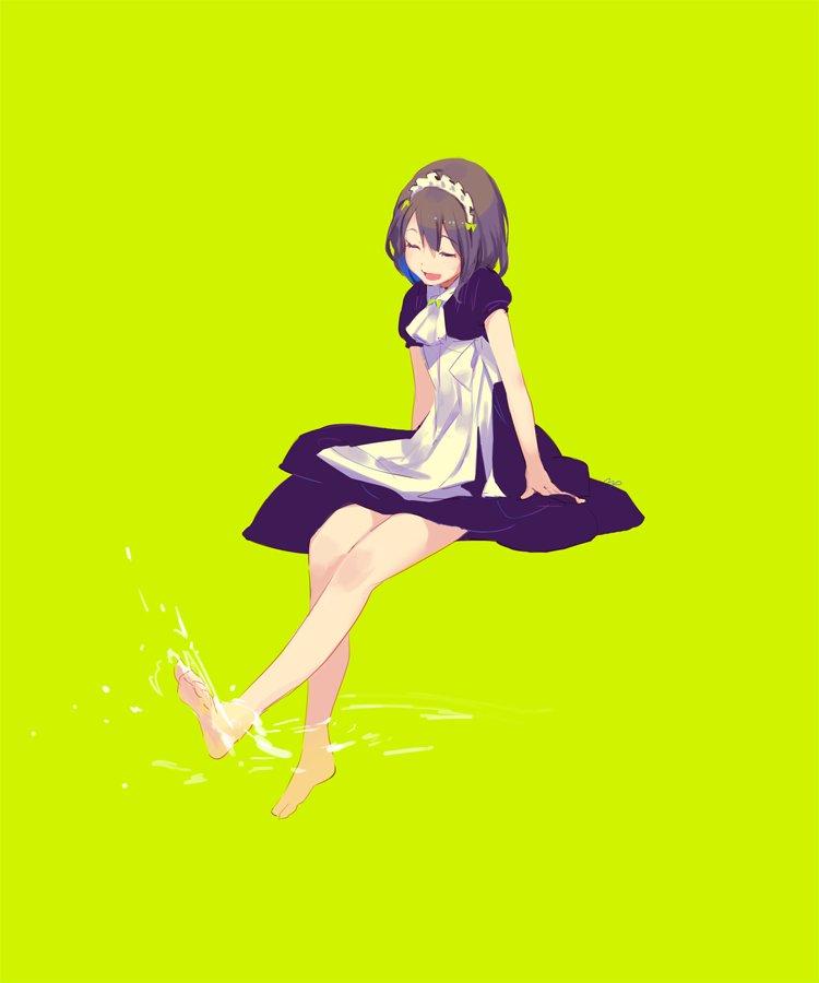 1girl, black_dress, closed_eyes, dress, green_background, maid, maid_headdress, matsushita_mino