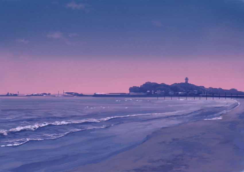 beach, boat, commentary, enoshima, forest, gradient_sky, highres, hirota_(masasiv3), lighthouse, nature, no_humans, ocean, outdoors, pier, purple_sky, scenery, shore, twilight, watercraft