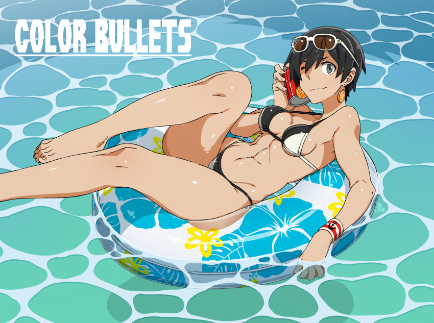 1girl, ;), abs, bare_legs, barefoot, bikini, black_eyes, black_hair