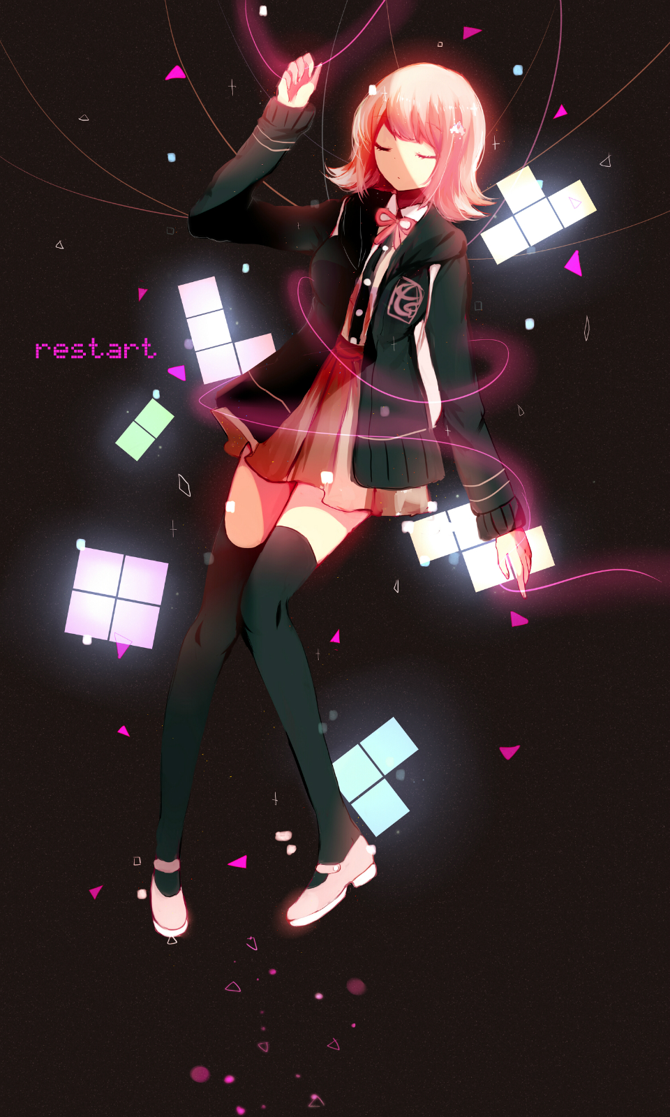1girl, arm_up, black_background, black_legwear, black_sweater, brown_skirt, closed_eyes, dangan_ronpa