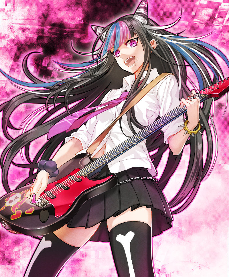 1girl, :d, black_hair, black_legwear, black_skirt, bracelet, dangan_ronpa, floating_hair