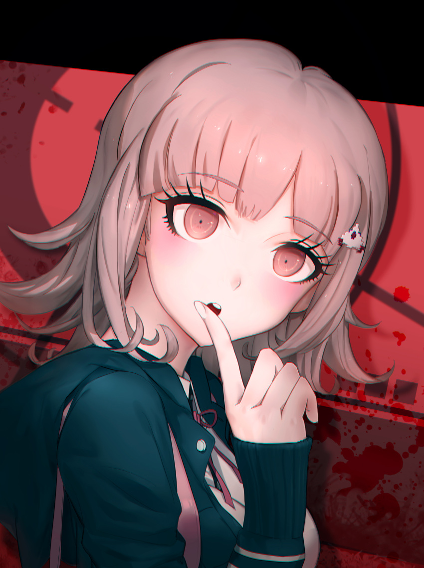 1girl, absurdres, black_sweater, brown_eyes, brown_hair, dangan_ronpa, highres, index_finger_raised