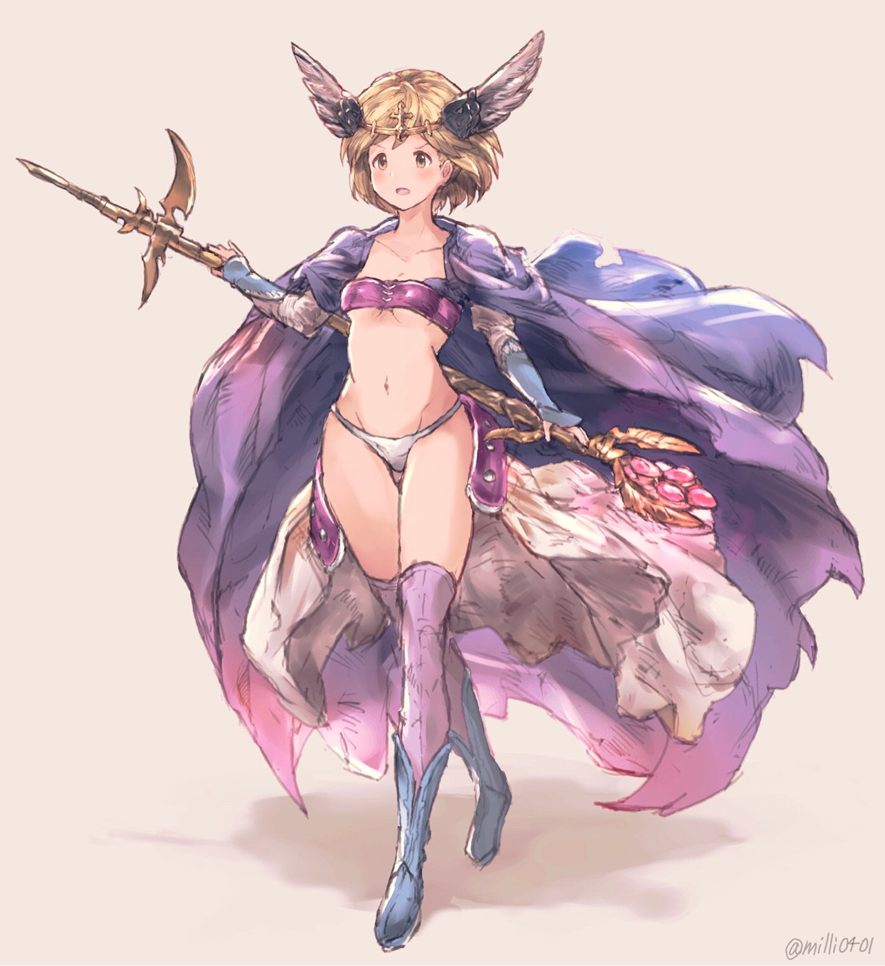 1girl, bikini_bottom, blonde_hair, boots, cape, djeeta_(granblue_fantasy), granblue_fantasy, head_wings