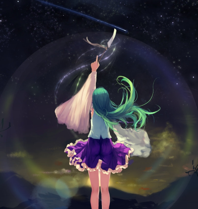 1girl, arm_up, aura, blue_skirt, commentary_request, detached_sleeves, energy, floating_hair