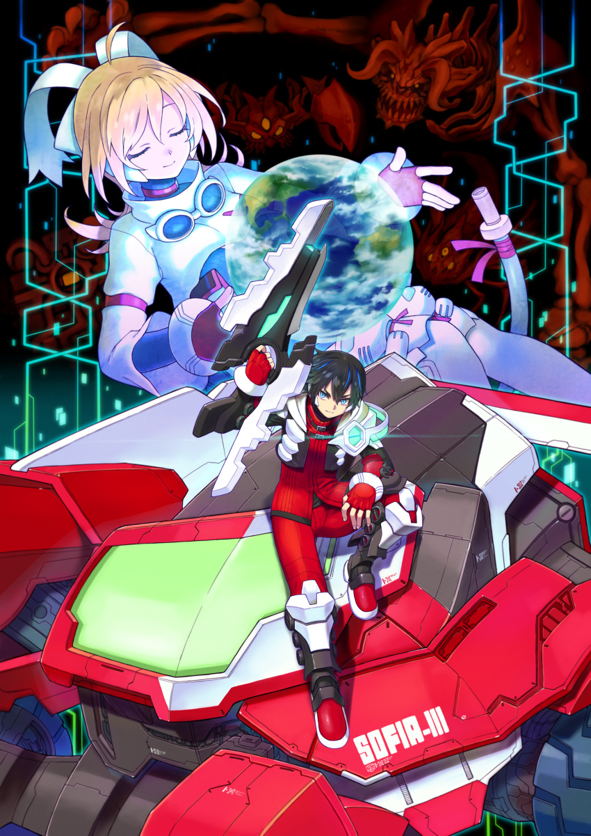 1boy, 1girl, black_hair, blaster_master_zero, blonde_hair, blue_eyes, closed_eyes, earth